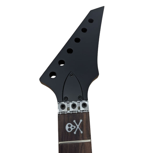 24 Fret Superstrat Guitar Neck – Skull Inlays, Satin Black Headstock, Maple & Rosewood, 25.5