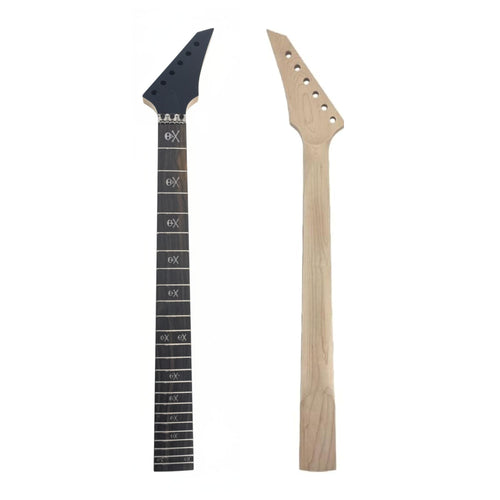 24 Fret Superstrat Guitar Neck – Skull Inlays, Satin Black Headstock, Maple & Rosewood, 25.5" Scale, 56mm Heel, Locking Nut - Ploutone