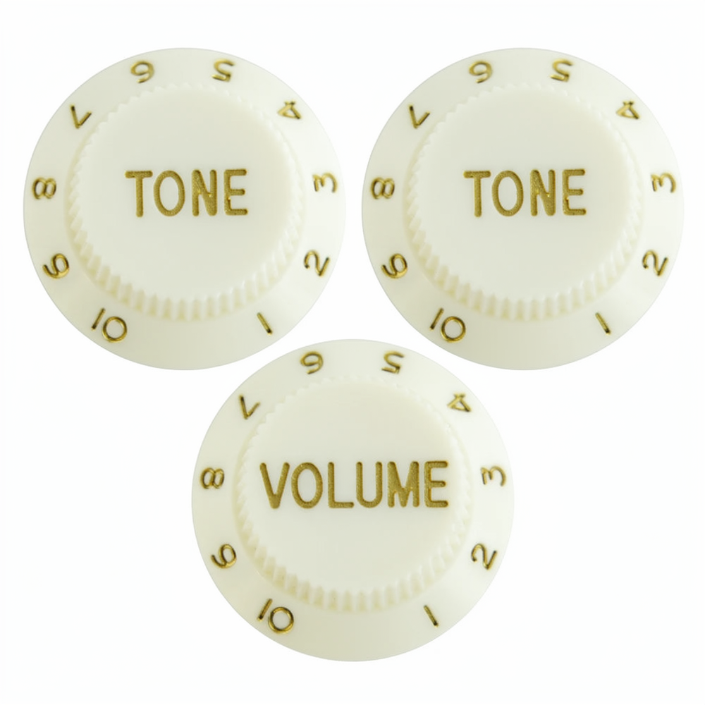 Electric Guitar Top Hat Control Knobs, 24 Spline Imperial (Set of 3) - 25+ Colors Vintage White & Gold - Ploutone