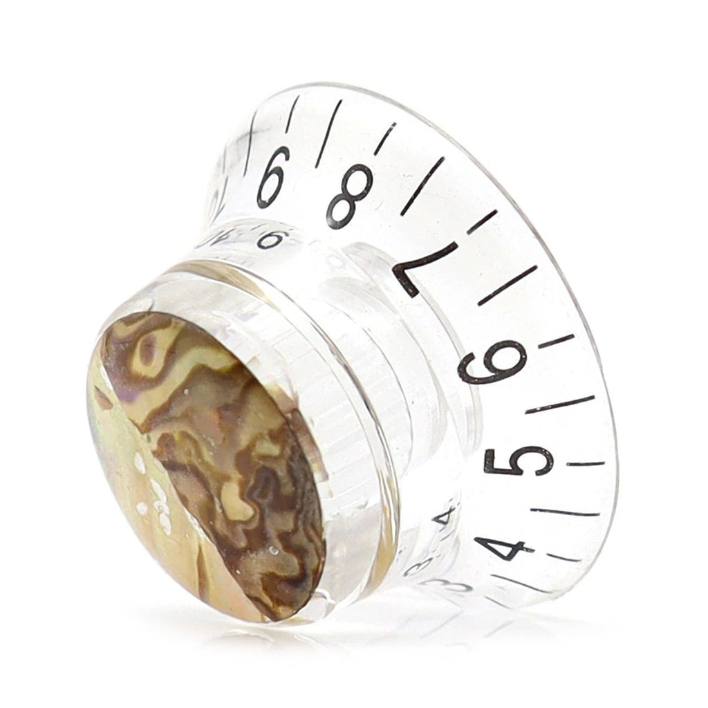 Guitar Knob Caps, Shell Inlay 18 Spline Metric - Transparent / Black Lettering Knobs from Ploutone