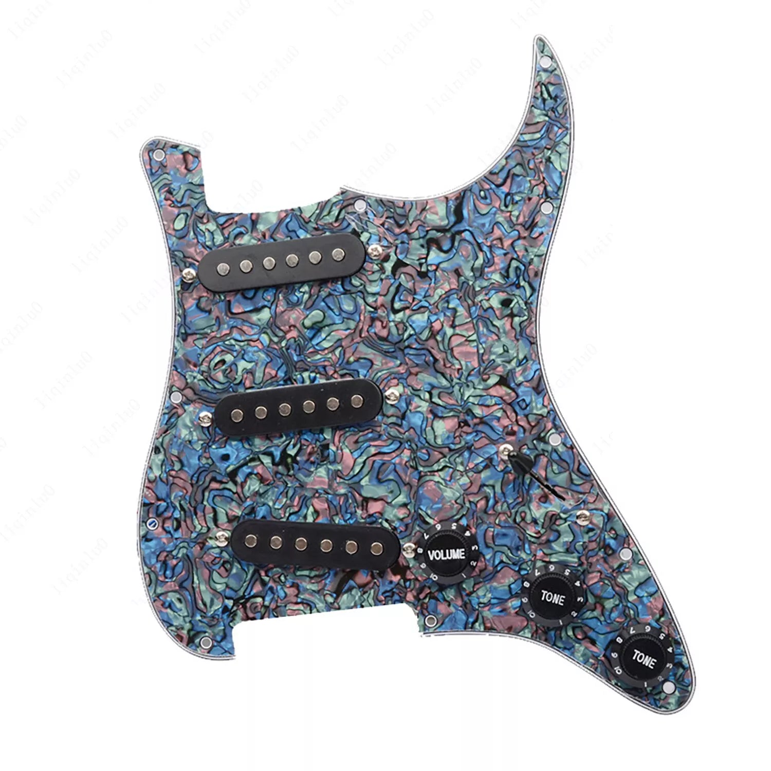 11-Hole SSS Loaded Strat Pickguard - Abalone Pearl & Black - Ploutone
