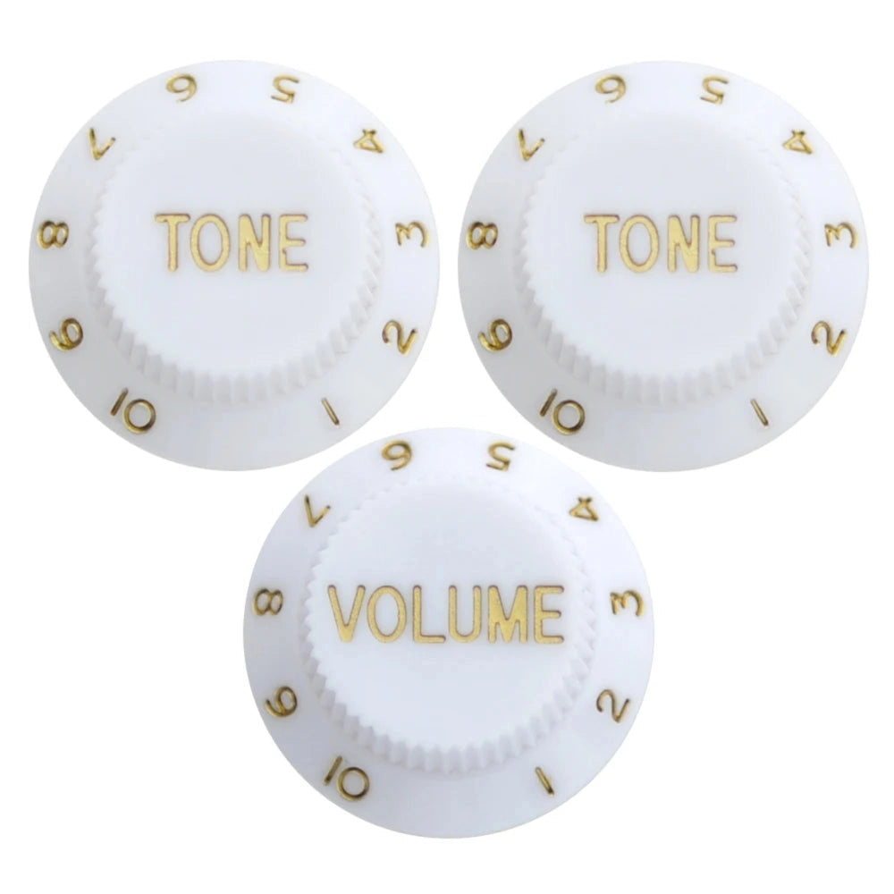 Electric Guitar Top Hat Control Knobs, 24 Spline Imperial (Set of 3) - White & Gold - Ploutone