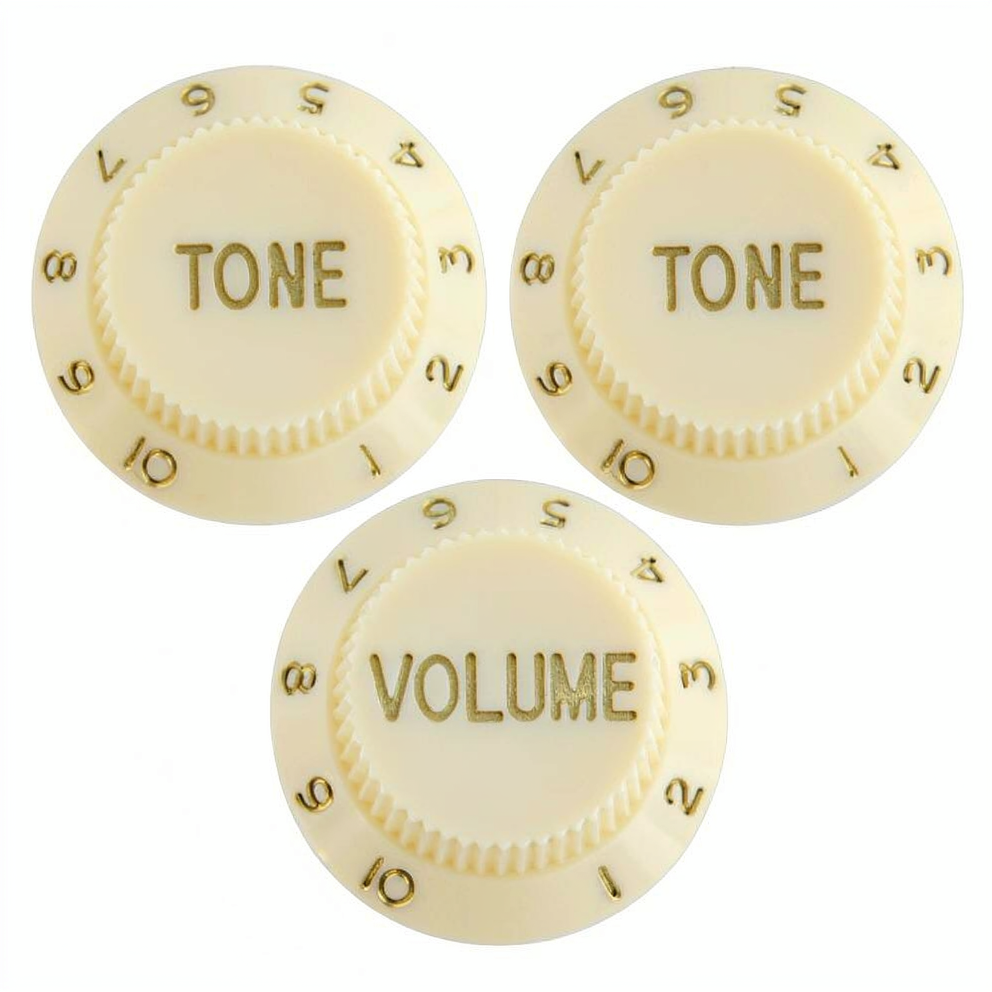 Electric Guitar Top Hat Control Knobs, 24 Spline Imperial (Set of 3) - Ivory & Gold - Ploutone