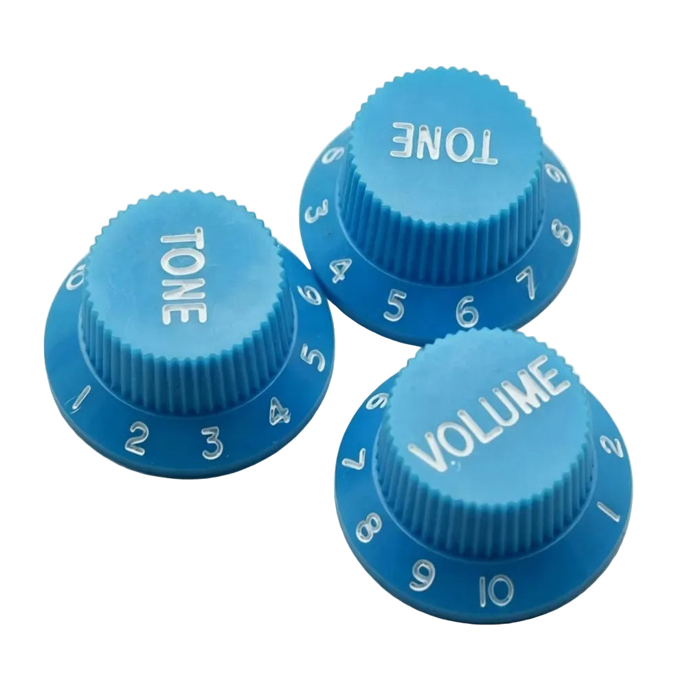 Electric Guitar Top Hat Control Knobs, 24 Spline Imperial (Set of 3) - Light Blue & White - Ploutone