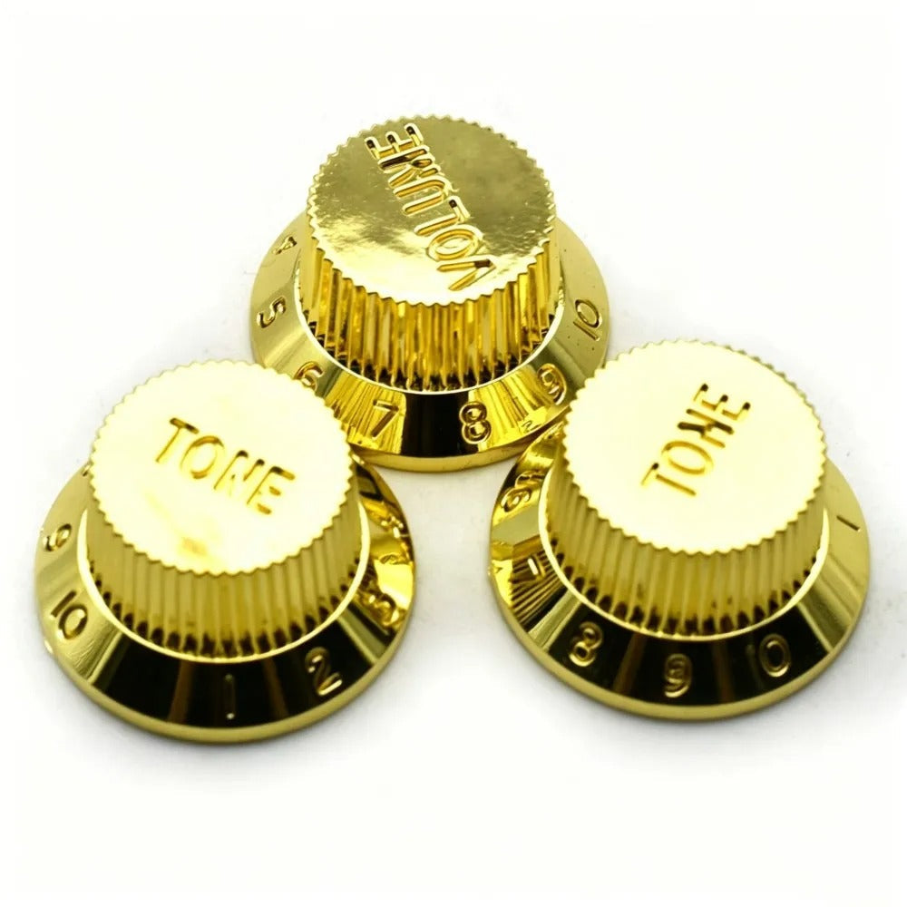 Electric Guitar Top Hat Control Knobs, 24 Spline Imperial (Set of 3) - Gold - Ploutone
