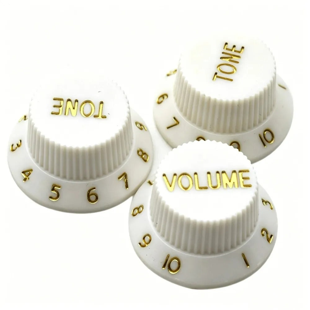 Electric Guitar Top Hat Control Knobs, 24 Spline Imperial (Set of 3) - White & Gold - Ploutone