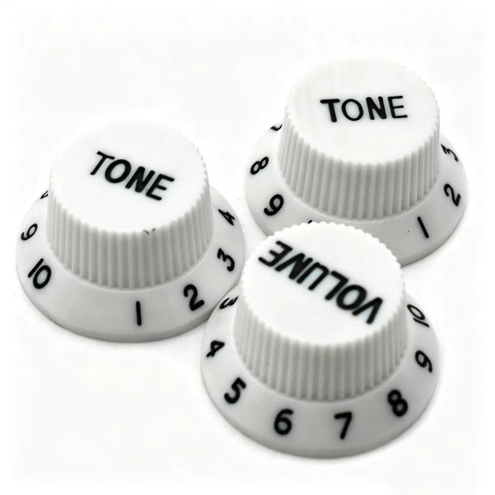 Electric Guitar Top Hat Control Knobs, 24 Spline Imperial (Set of 3) - White & Black - Ploutone