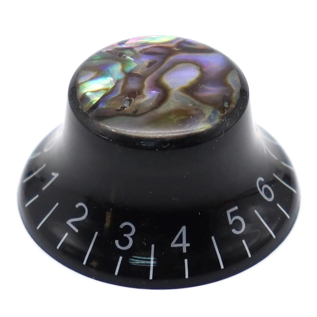 Guitar Knob Caps, Shell Inlay 18 Spline Metric - Black / White Lettering Knobs from Ploutone
