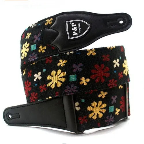 P&P Embroidered Cotton Guitar Strap Black with Flowers - Ploutone