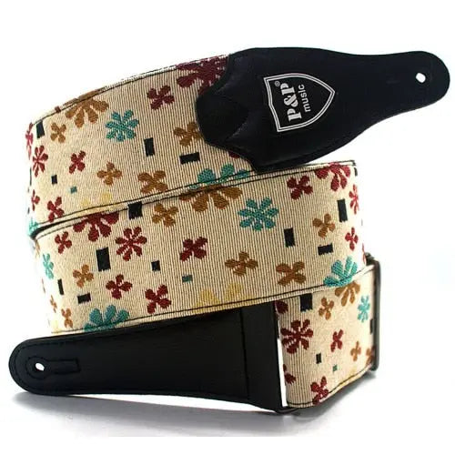P&P Embroidered Cotton Guitar Strap Beige with Small Flowers - Ploutone