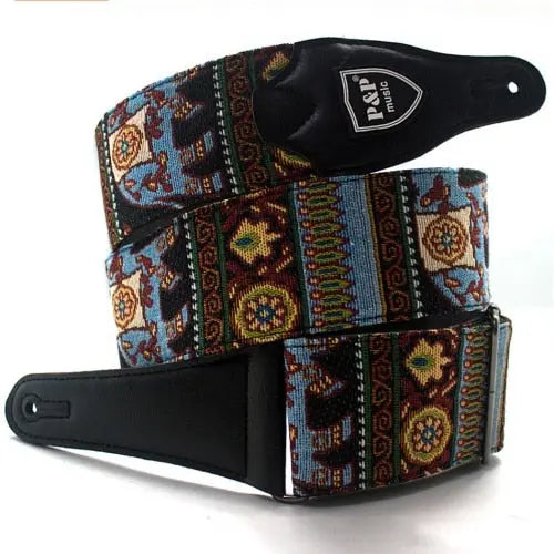P&P Embroidered Cotton Guitar Strap Abstract Elephant Pattern - Ploutone
